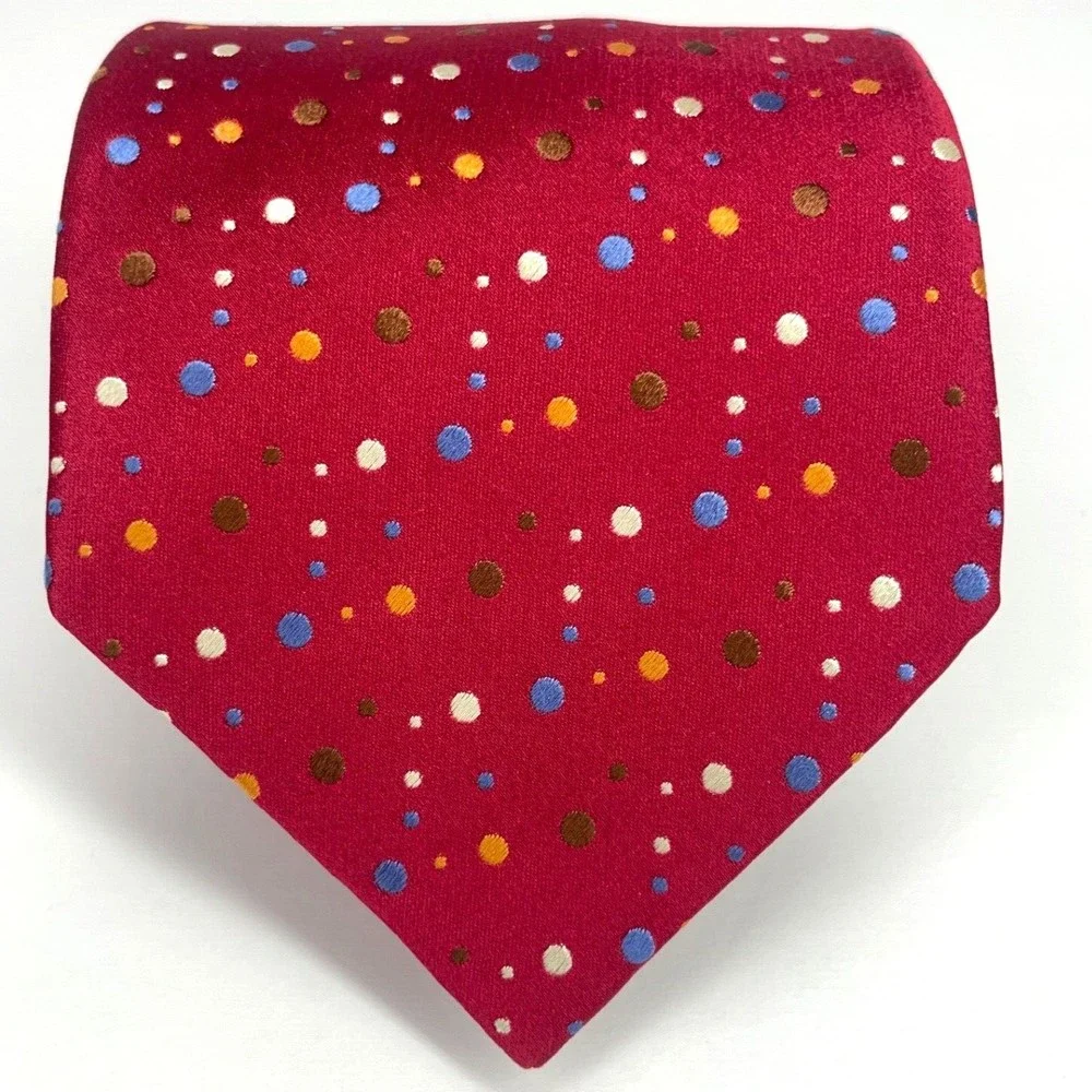 Alfred Dunhill Red Woven Hand Made Multicolor Dots All Silk Necktie Italy $245